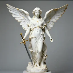 a statue made of very white marble with gold elements, of an beautiful angel girl with an sword, perfect symmetrical body, perfect symmetrical face, no eyes, hyper realistic, hyper detailed, fujicolor superia 1 6 0 0 photo, full body shot, by peter kemp, by monia merlo