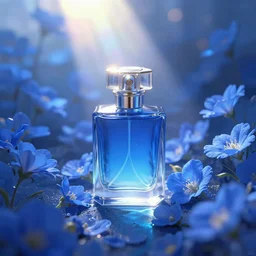 photorealistic blue perfume bottle surrounded by plethora of blue flowers, lonely world still shining through faintly rainbow led lights, beautiful surreal scenery artwork pixiv. soul dust. unthinkable dream sublime god lighting, sun rays, cold colors. insanely detailed, artstation!! pixiv!! infinitely detailed created by god