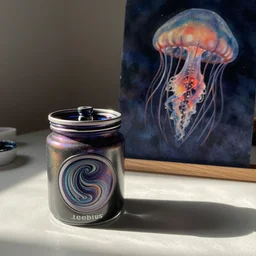airbrush of sealed jar of swirling ink shimmering on a desk near terrifying jellyfish, dramatic afternoon lighting, intense watercolor, heavy metal, by moebius