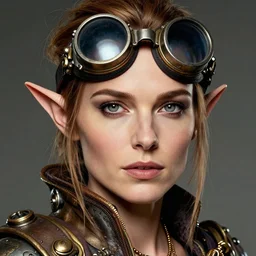 head and shoulders portrait, female artificer, gray eyes, welding goggles, emily blunt natalie portman hybrid, elf, steampunk, d & d, by donato giancola, facial detail, extremely detailed, comic book cover photo