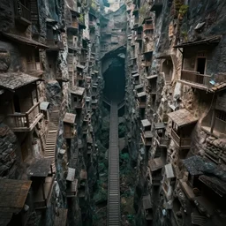 very a deep chasm, houses are carved into the sidewalls, long winding stairs going down, 8 k, shallow depth of field, moody lighting, ultra high detail, concept art,