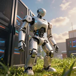 the robot humanoid works in inside the data center closeup macro, cinematic view, epic sky, detailed, concept art, low angle, high detail, warm lighting, volumetric, godrays, vivid, beautiful, trending on artstation, by jordan grimmer, huge scene, grass, art greg rutkowski