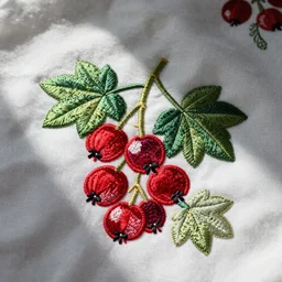 embroidered pattern of currant leaves on white linen fabric