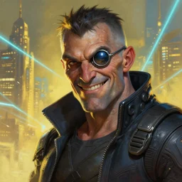 an intimate portrait of a gnarly human cyberpunk captain, old skin, friendly, charming, strong leader, metal eye piece, a look of cunning, big smile, detailed matte fantasy painting, golden cityscape, lasers, sparks, yellow and blue and cyan