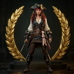 full body pose, hyperrealistic photograph of a pirate woman, dim volumetric lighting, 8 k, octane beautifully detailed render, extremely hyper detailed, intricate, epic composition, cinematic lighting, masterpiece, trending on artstation, very very detailed, stunning, hdr, smooth, sharp focus, high resolution, award, winning photo, dslr, 5 0 mm
