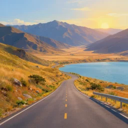 A beautiful painting of of winding road, lake in mountains , infinite desert, late afternoon,summer, unreal engine,by greg rutkowski and james gurney