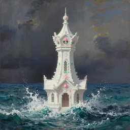 a delicate ornate white fantasy tower with pink and green decoration splashes upwards from a turbulent ocean, dramatic lighting, rich colors, beautiful painting by rhads