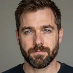a beautiful photography of a middle aged man with short brown hair and a beard, thick eyebrows, blue eyes, canon eos m 5 0, 5 0 mm, natural lights, trending on artstation