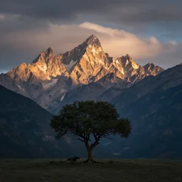 award winning landscape photography by andy lee, lone tree in foreground with bright jagged mountains in background, morning light, moody, long exposure, ir photography, dramatic lighting, clouds
