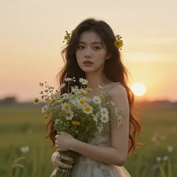 beautiful woman built with flowers in a scenery that evokes reverie and sunset.