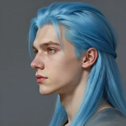 side profile of ilya kuvshinov with long hair, sky blue hair, hazel eyes, boyish face, professional digital painting, concept art, award - winning photography, cinematic, stained glass window, awe, regal, wlop, art by andy warhol, pixiv art, yoshitaka amano