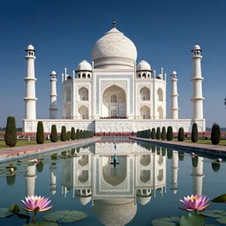 Taj mahal made up of diamonds surrounded by a lake full of blooming lotuses, starry sky, atmospheric