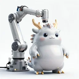 an industrial robot with camera lens eyes loose wires cables hydrolics metal body in the shape of a cute fat obese dragon with scuffed paint on it's round belly, intricate, highly detailed, artstation, concept art, smooth, sharp focus, art by artgerm and greg rutkowski