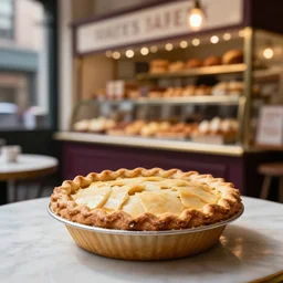 photo of apple pie on a table in a dessert shop in new york city, photorealistic, ultra realistic, maximum detail, foreground focus, 8k, volumetric light, cinematic, octane render, food photography, recipes.com, epicurious, instagram
