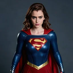a potrait of Lily Collins as Supergirl with man of steel suit style and full armour by Zack Snyder, 8k photorealistic, cinematic lighting, HD, high details, dramatic, trending on artstation, view from above