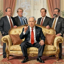 a political caricature of netanyahu smoking a cuban cigar while sitting alone on a beautiful sofa, by achille superbi, paddy boehm, tom richmond, alarcon caricaturista, drew struzan, gildhardho, soy fan de quino,