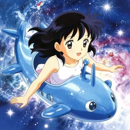 portrait of a young girl floating in space, detailed, yuya nagai, last exile, blue submarine no. 6, loish, murata range, kawaii, bright studio lighting, anime, manga, neon, vibrant bright colors, japanese, 1980s, beautiful, dreamy, alphonse mucha, gradation, jean giraud, high saturation, fantasy, space nebula background, makoto shinkai