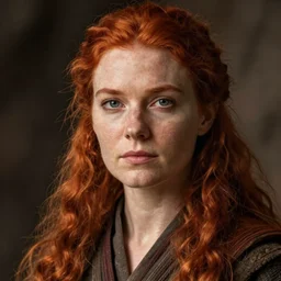 a rustic woman jedi, detailed face, redhead, by greg rutkowski, mandy jurgens