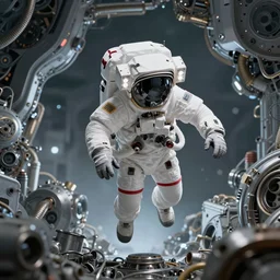 astronaut descends into a mechanical hellscape