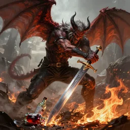 the witcher fighting a demon, broken sword, demon with wings, broken bottle of mutagen on the ground, fire detail, fierce, sharp details, highly detailed sword, digital painting, trending artstation, epic fantasy, cinematic lighting, award winning, photorealism, epic, octane render.