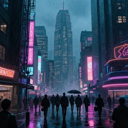 Raining cyberpunk city, neon lights, crowds, skyscrapers, in the style of James Paick concept art