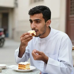portrait in a side street of a young yemen man eating cake wearing a birthday hat, photography, vintage photo, faded colors, 7 0 s, new york, photography