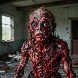 1 9 7 0 s photography, real meat and rotten eyes bloody humanoid creature in abandoned house