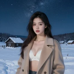 face portrait of a beautiful girl in a coat with decollete and white bra, close portrait, snow - covered small house in a background, night, stars in the sky, the milky way in the sky, winter landscape, painting by craig mullins, octane rendering, wide angle lens, in the style of hayao miyazaki, trending on artstation,