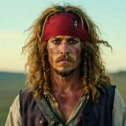 photo portrait of an rugged albino african pirate with a red headband | brown brown!!!!! vest | young adult, thin blonde mustache thin beard, big fluffy big afro blonde hair, stern face, rugged and dirty, cinematic lighting at sundawn, movie color grading