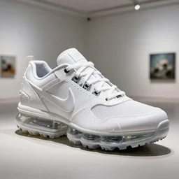 a Nike vapormax shoe Made out of white plastic panels with rivets and joints like a cyborg mecha with spring suspension coils under sole designed by Vitaly Bulgarov. Inside a gallery. Doug Aitken style installation