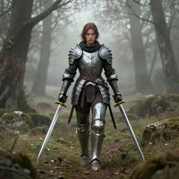 a matte painting of a female warrior wearing battle worn armor wielding twin swords walking through the forest plains of north yorkshire, glowing blue eyes, misty forest, good value control, concept art, digital painting, sharp focus, symmetrical, segmented armor, single character full body, 4k, illustration, rule of thirds, centered, moody colors, moody lighting, atmospheric