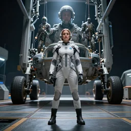 girl in the sci - fi suit standing far from viewer, spaceport, landing gear, avatar, high contrast, cinematic keyframe. by fausto de martini, wadim kashin. ultra realistic, cinematic light, ue 5, featured on artstation, octane render, sharp focus, ray tracing, artstationhq, cgsociety, cinematic 8 k