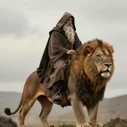 hooded wise old man ( long white beard wearing a brown hooded tunic ) riding a lion, majestic, epic digital art, cinematic, trending on artstation, superb detail 8 k, wide - angle, masterpiece
