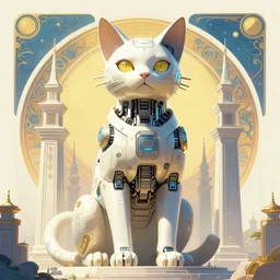 giant cyberpunk cat statue. Cybernetics. Synthwave. temple. 8k resolution, extremely detailed, digital illustration. Poster by alphonse mucha.