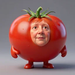an anthromorphic full body portrait of a tomato with angela merkel face, hyperdetailed, volumetric lightening
