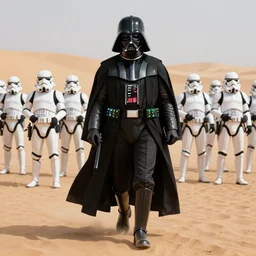 a portrait of darth vader walking down the sands of tatooine being followed by a squadron of stormtroopers, realistic, hyper realistic, 8 k, raytracing, dynamic lighting, accurate, intricate, detailed, symmetrical