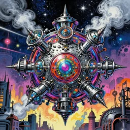 vivid colours, guido borelli da caluso, Yoshitaka Amano, smooth paper with detailed line work, Mandelbulb, Exquisite detail perfect symmetrical, silver details, hyper detailed, bold intricate ink illustration, smooth textures, steampunk, smoke, neon lights, starry sky, steampunk city, liquid polished metal, by don bluth