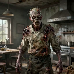 kitchen - chef angry rotting zombie, detailled portrait, dilapidated restaurant interior, feeling of grimdark horror, daytime, high contrast, ultra intricate detailed, octane render, unreal engine