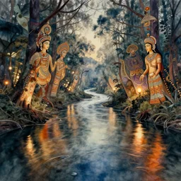 A Mystic River, The River Is Full of Lights, Mysticism, Artwork, Watercolor, Indian Art, Cinematic, Exposure, Slit-Scan Photography, 2-Dimensional, 4k, Ultra-HD, Incandescent, Ray Tracing Reflections, insanely detailed and intricate, hypermaximalist, elegant, ornate, hyper realistic, super detailed:: watermark:: blurry:: cropped:: blur:: blurry:: out of focus:: by Dorothea Tanning, by Rene Magritte, by Victto Ngai