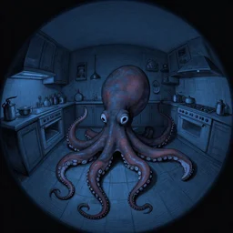 night vision dark palette, fisheye spiral lines, naive octopus, extra narrow, detailed illustration of a kitchen, large floor, octopus shaped by rhads from lorax movie, trending artstation, black blue
