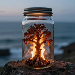 glass jar with a burning oak tree inside, standing on a cliff, bokeh, ocean in the background, metal lid, dramatic lighting, hyperrealistic, volumentric lighting, highly detailed