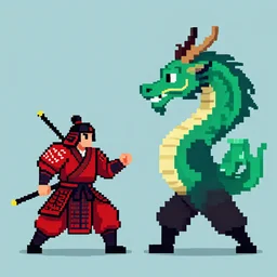 a pixel art of a samurai versus a loong, eastern mythology