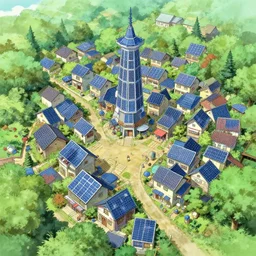 solarpunk village, studio ghibli, anime, award winning, aerial shot, sunny