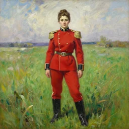 oil painting of mercy overwatch in a field of grass wearing red uniform, in style of ivan aivazovsky, expressive face, detailed face, detailed eyes, full body, feminine face