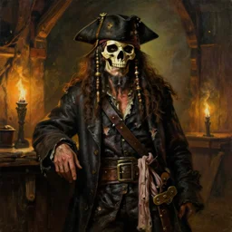 masterpiece portrait painting a dirty skull masked hunched old slim pirate lord with a black hat, long beard, long hair, black coat, ragged and torn, wooden inn by torchlight, by greg rutkowski and noah bradley, trending on artstation