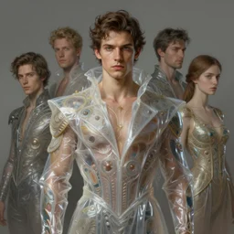 portrait of a handsome male wearing clothes made of plastic, diffuse lighting, fantasy, intricate, elegant, highly detailed, lifelike, photorealistic, digital painting, artstation, illustration, concept art, smooth, sharp focus, art by john collier and albert aublet and krenz cushart and artem demura and alphonse mucha