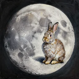 A painting of a rabbit on the moon, in the style of Flooko, acrylic art, detailed