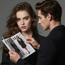 -A man is standing and watching the fashion magazine, then he trasforms his face into a copy of female model's face in the fashion magazine.