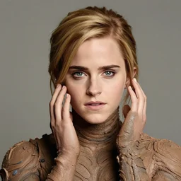portrait of seamless amalgamation of emma watson's head and clayface's clay body, perfect hands, blond hair, david hamilton photography