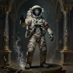 full-body dark creepy baroque style oil painting realism a decapitated astronaut with futuristic elements. he welcomes you under with no head, empty helmet inside is occult mystical symbolism headless full-length view. standing on ancient altar eldritch energies lighting forming around disturbing frightening intricate renaissance, digital illustration hyper realism, 8k, depth of field, 3D